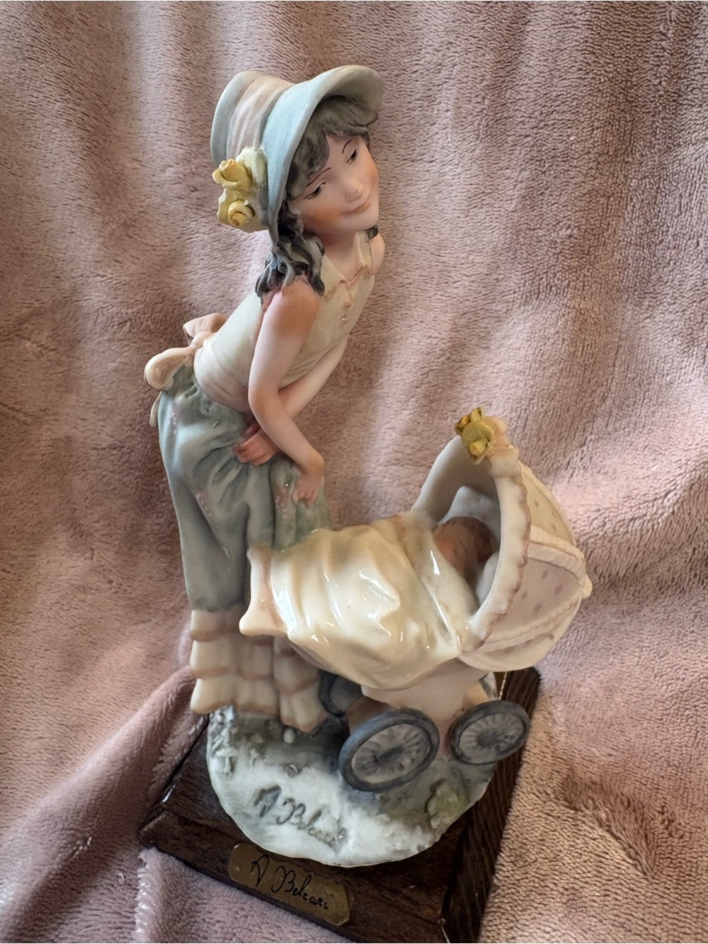 A. Belcari Girl with Baby Carriage Figurine Made in Italy 8”